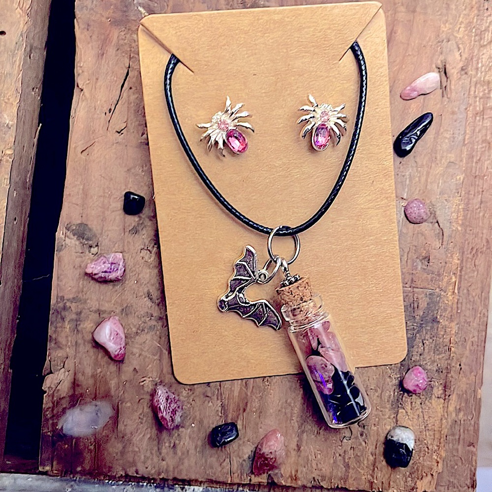 Pink & Black Tourmaline Crystal Vile Necklace & Earring SET 🦇🕷💕 Halloween